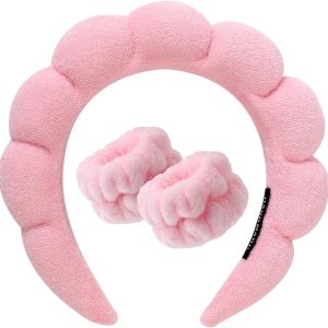 Spa Headband for Washing Face Wristband Sponge Makeup - Pink