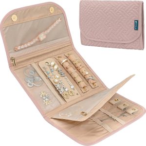 Travel Jewelry Case Organizer, Foldable Jewelry Roll Bag for Earrings, Rings, Necklaces, Bracelets & Accessories